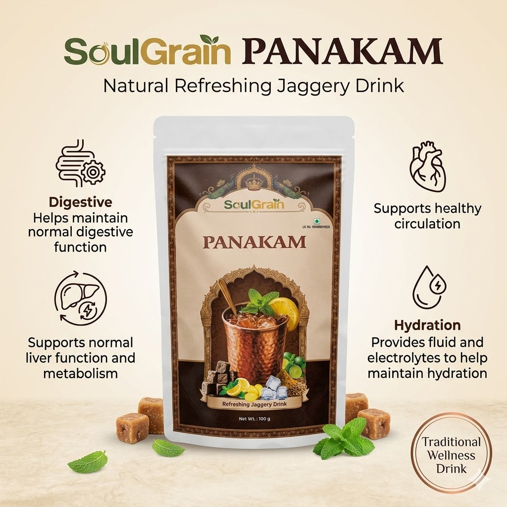 Soul Grain Panakam packaging with product details and benefits on a beige background